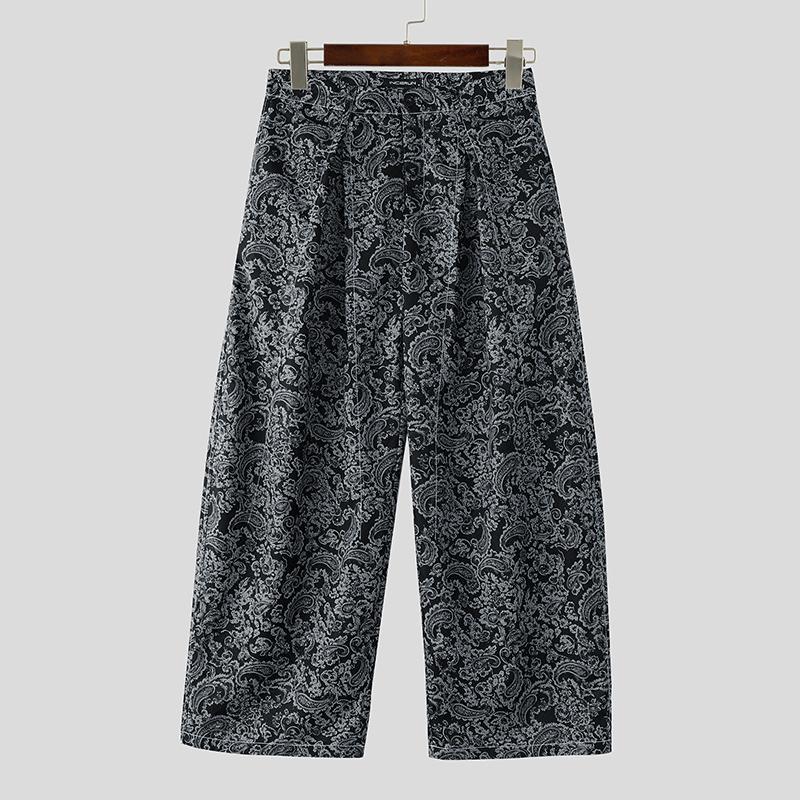 INCERUN Summer Men Elastic Waist Floral Print Casual Long High Street Retro Trousers Pants L чёрный