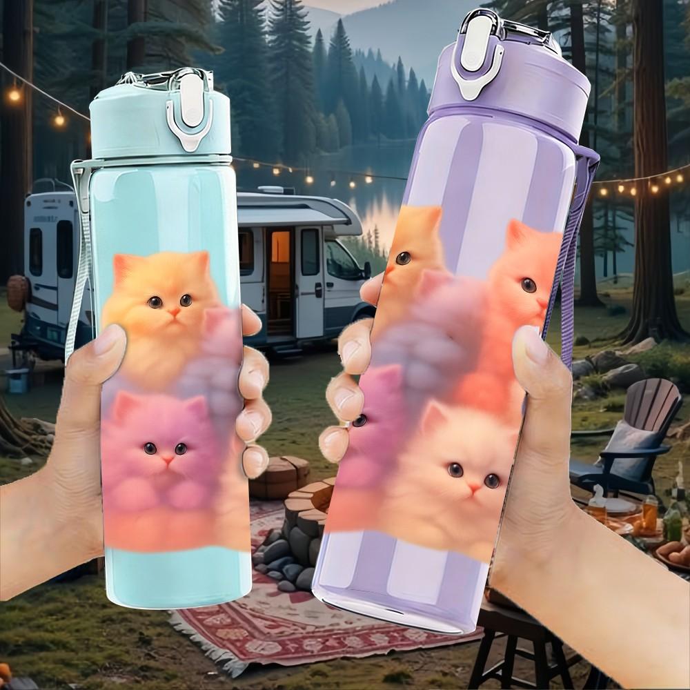 1PC Fluffy Stacked Kitten Group 750ml Color Plastic Sports Water Bottle Leakproof Flip Straw Lid Suitable for Sports Office Home Use