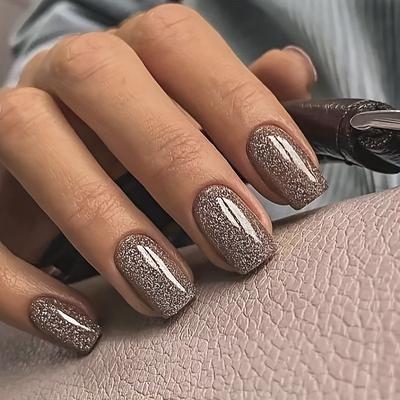 96pcs Mid-length Square Shape Press On Nails, Fake Nail With Glitter Powder Decor, Glitter Full Cover Nails For Women