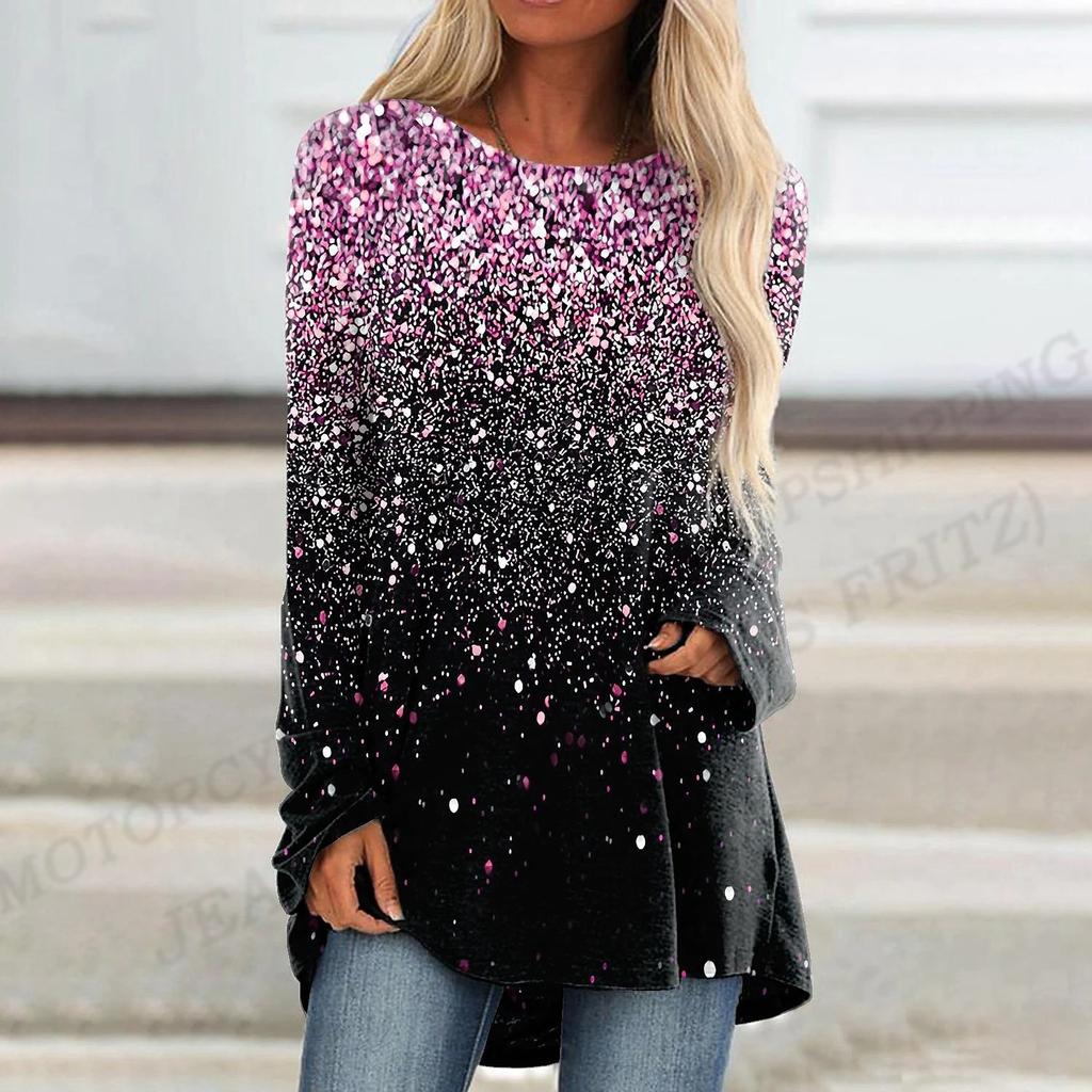 Trička se zlatým potiskem Ženy Móda Trička s dlouhým rukávem Volné Topy Trička s výstřihem Košile s výstřihem Luxusní oversized trička Lady