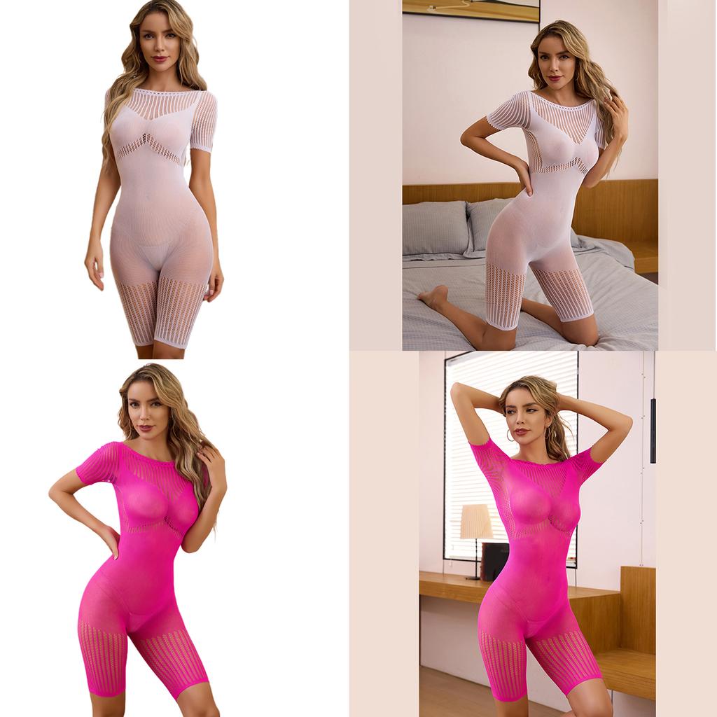 Womens Short Sleeve Hollowed Fishnet Bodysuit Jumpsuit See Through Mesh Bodystocking Lingerie Underwear Erotic Nightwear