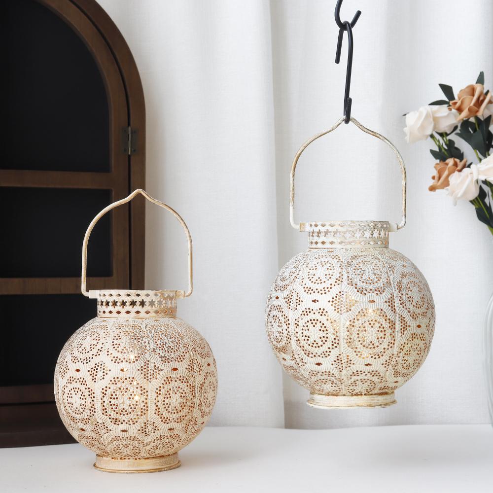 Set of Two Vintage White Battery Lantern Durable Garden Metal Round Lamp for Holiday Decoration(2pcs)