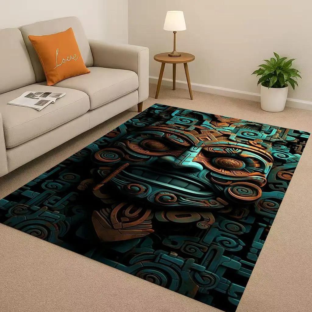Retro Aztec Totem Maya Mask Sun God Living Room Non-Slip Area Rug Soft Carpet For Bedroom Sofa , Easy Clean Home Doormat Playmat