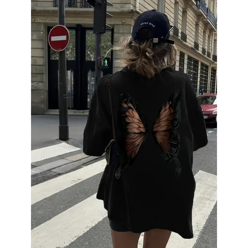 European Size Large Size Butterfly Back Hollow-Out Printed Effect | Artificial, Fashion Short-Sleeved Summer T-Shirt, Slim-Fit