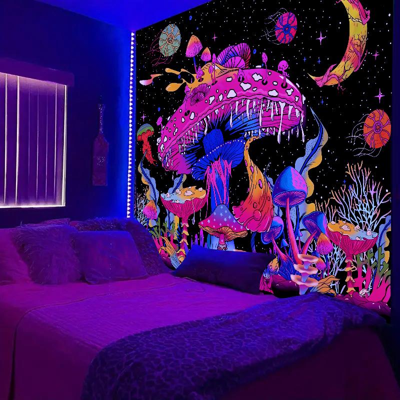 1pcFluorescent colored mushroom tapestry, ultraviolet black light natural plant forest moon flower mysterious night sky tapestry