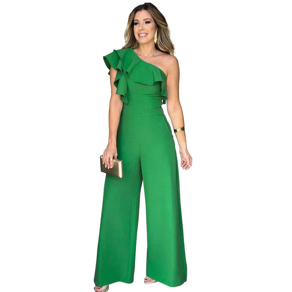 Women's One Shoulder Sleeveless Solid Jumpsuit Slim Fit High Waist Ruffle Wide Leg Romper