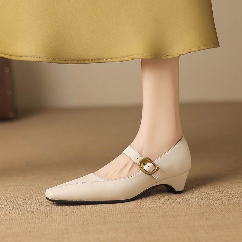 Krazing Pot Microfiber Square Toe Thick Med Heels Spring Summer Shoes Big Size 43 Metal Buckle Women Office Lady Pumps