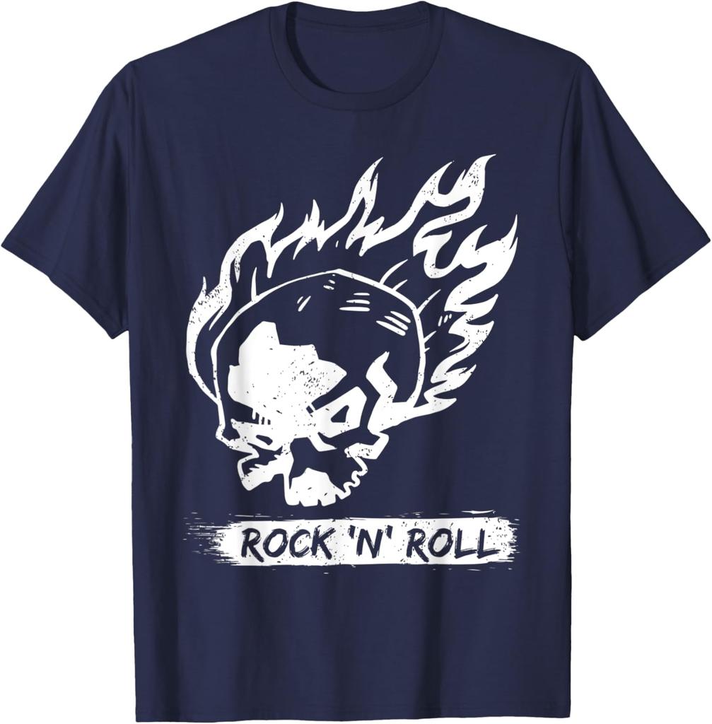 Flaming Skull Rock N Roll Graphic Tee Casual Cotton Short Sleeve TShirt