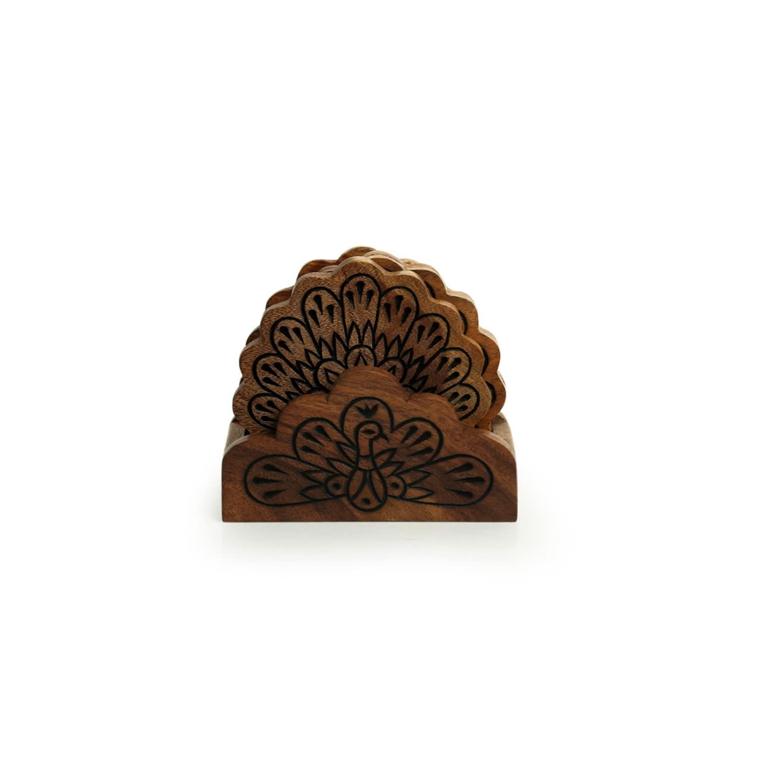 

Набор подставок под кружки Танцующий павлин (4 шт), The Dancing Peacock Wooden Coasters for Cups Set of 4, ExclusiveLane