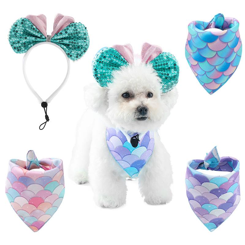 Summer New Mermaid Pearl Pet Headband Beach Tricolor Fish Scale Dog Scarf Dogs Stuff Pet Accessories Dogs Bow Tie Dog Bandana