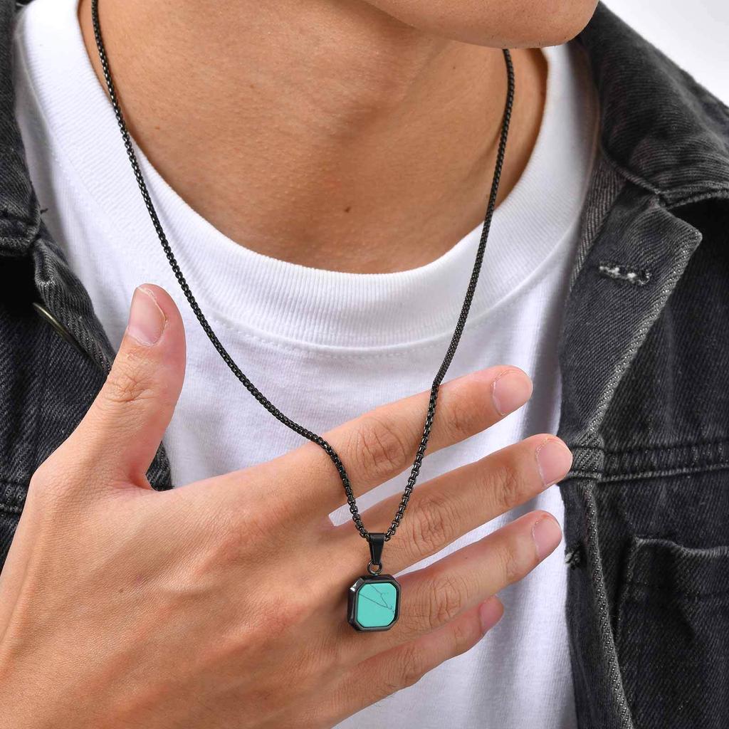 Natural Stone Square Pendant Necklace for Men Boys,Stainless Steel Turquoise Pendant,Jewelry Gift for Husband Dad Son BBF