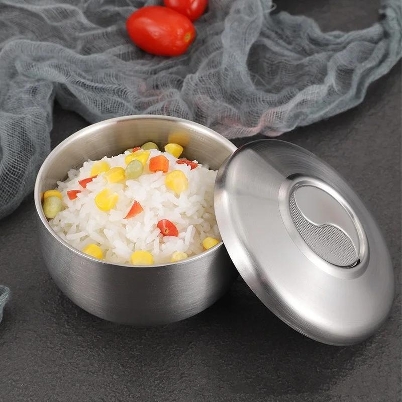 Sutra Kimchi Bowl 304 Stainless Steel Double Layer Rice Bowl With Lid Home Ramen Soup Bowl Children's Anti-Scalding Rice Bowls