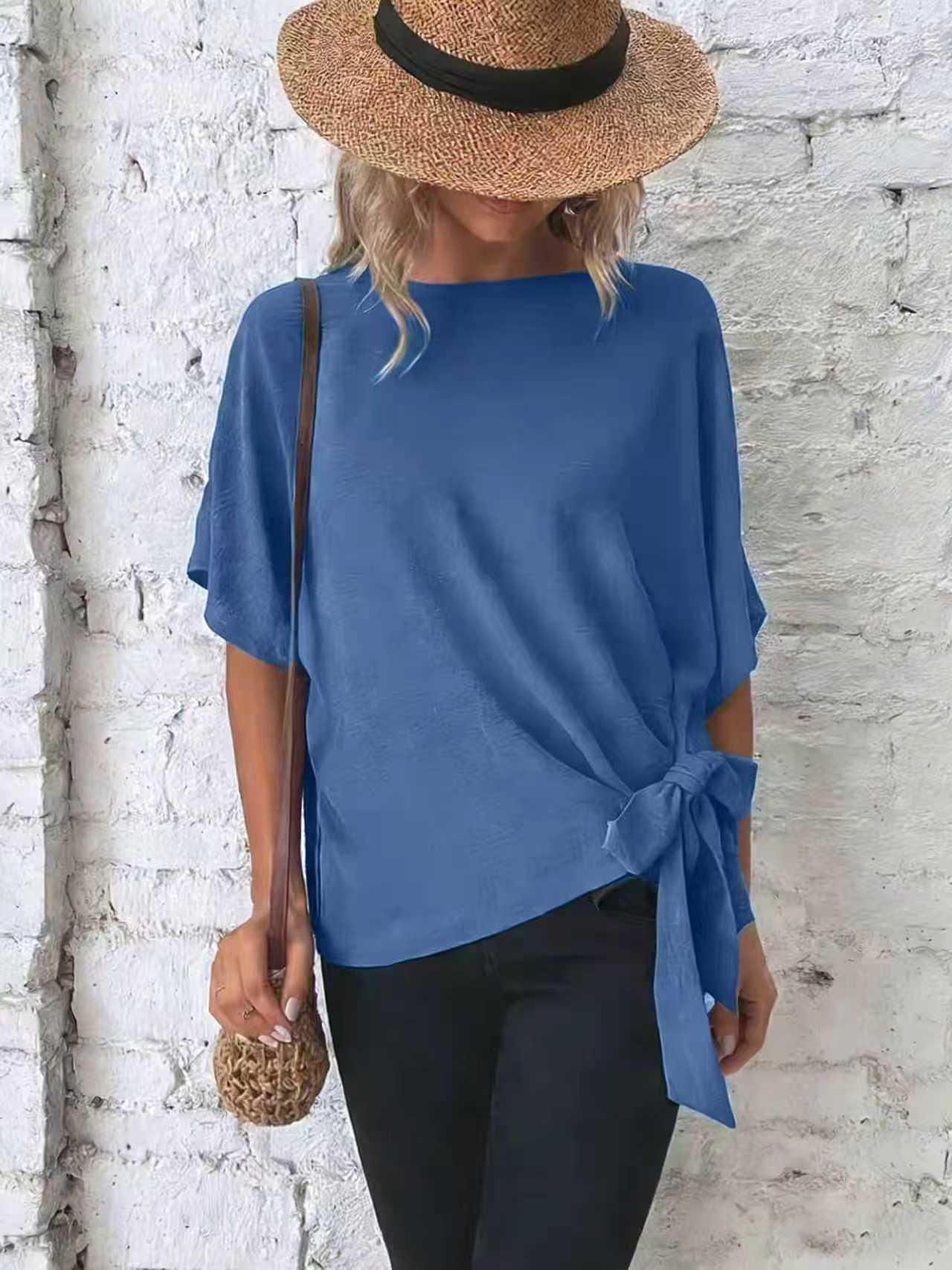 

2026 European & American Women s Summer Solid Batwing Sleeve Knot Hem Loose T-shirt XS синий