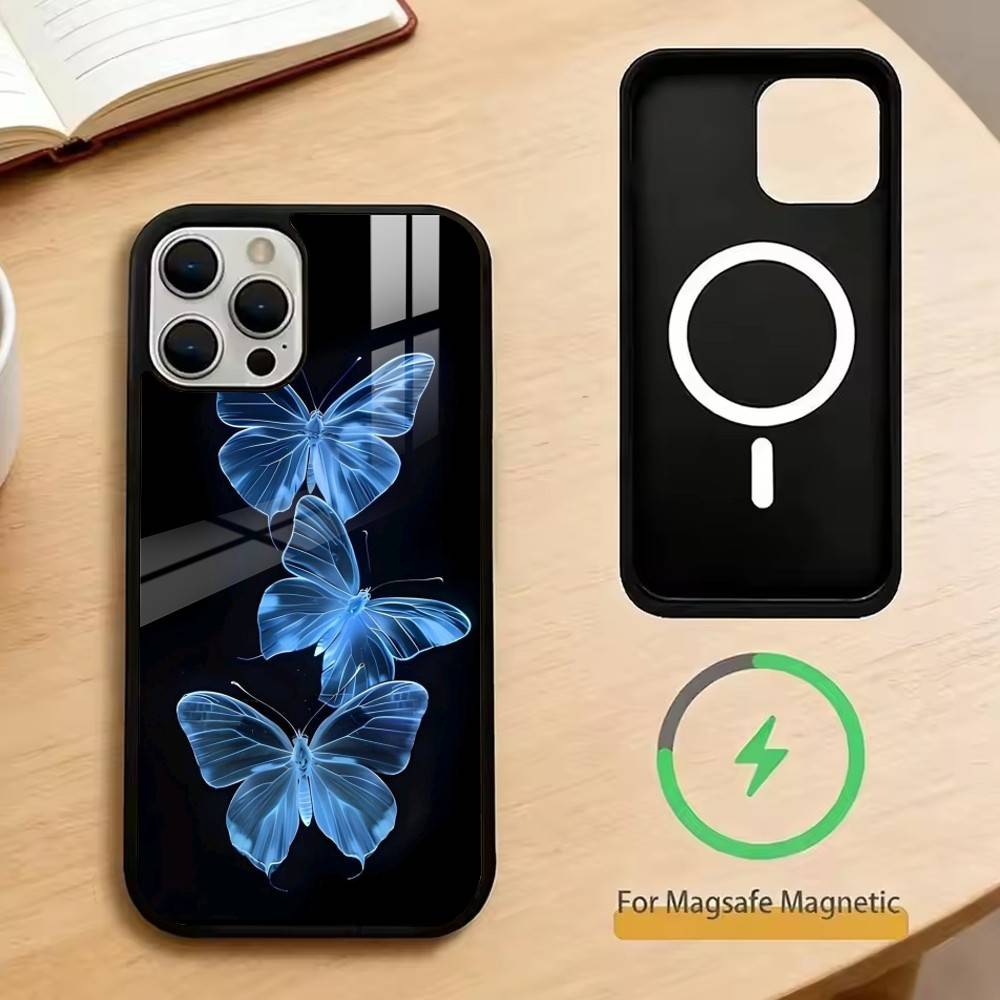 Fluorescent Butterfly Phone Case For iPhone17,16,15,14,13,12,11 Plus,Pro Magnetic with Magsafe Wireless Charging