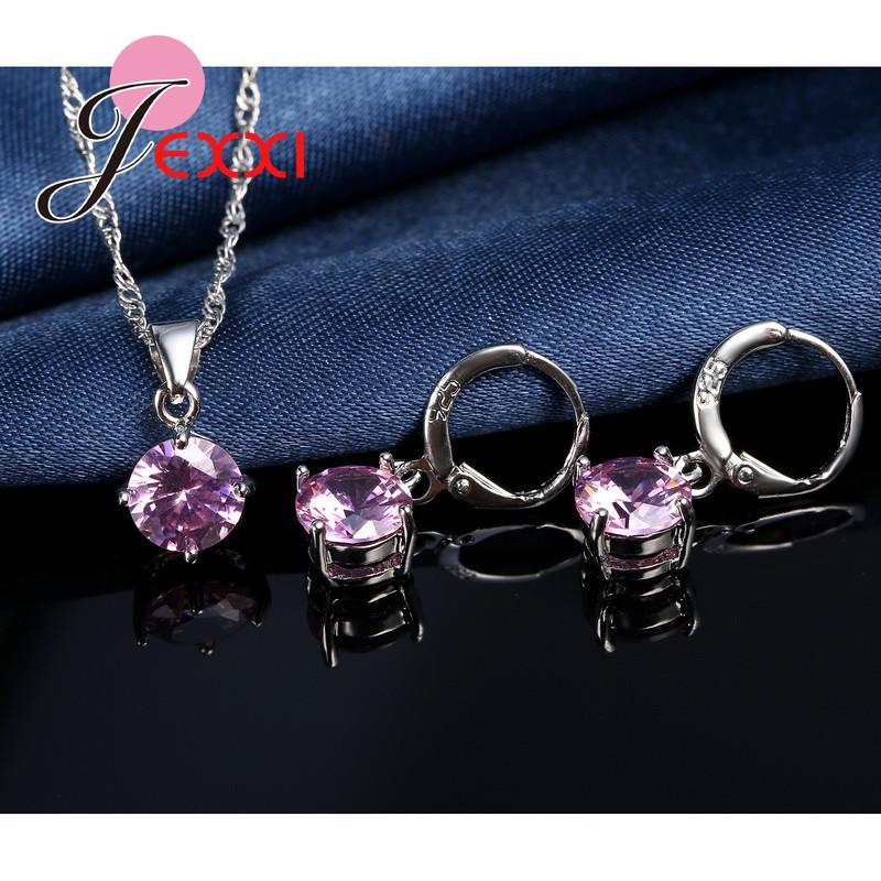 Hot Sale 8 Colors Shining Crystals 925 Sterling Silver Necklace Earrings Jewelry Sets Fashion Accessories Women Wedding