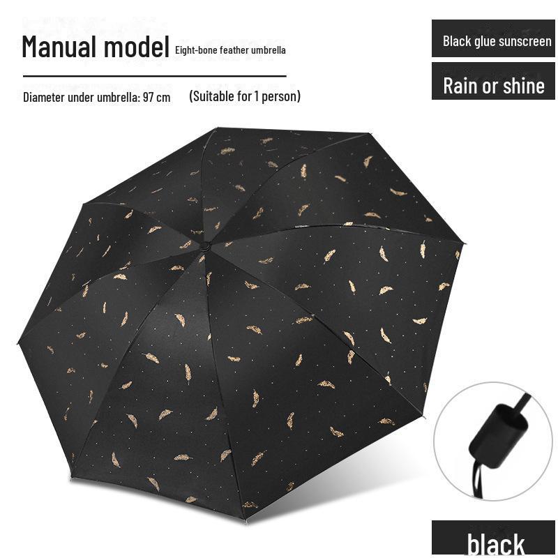 Gold Stamped Feather Black Dual-Purpose Sun & Rain Umbrella for Women with Printed Logo.