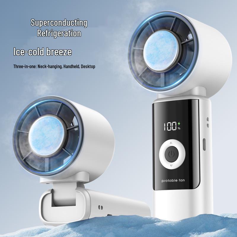 Portable Handheld USB Rechargeable Foldable Ice Pack Fan with Digital Display