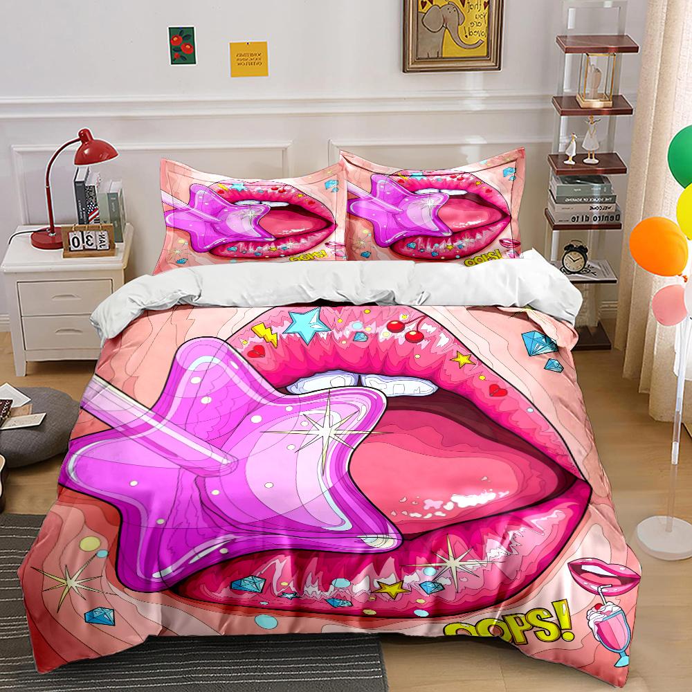 Pink Star Lollipop and Shiny Lips Bedding Set for Kids Luxury Gift 3pcs Digital Print Comforter Set Soft Comfortable Breathable