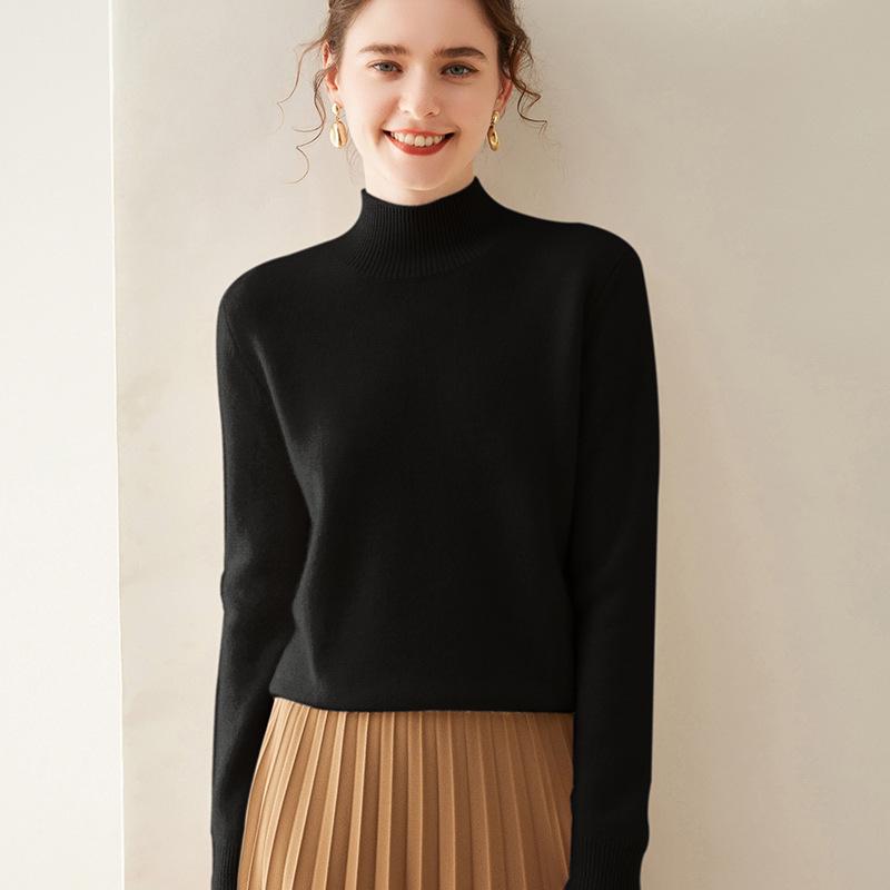 Women's Cashmere Half High Neck Slimming Solid Color Sweater for Autumn/Winter