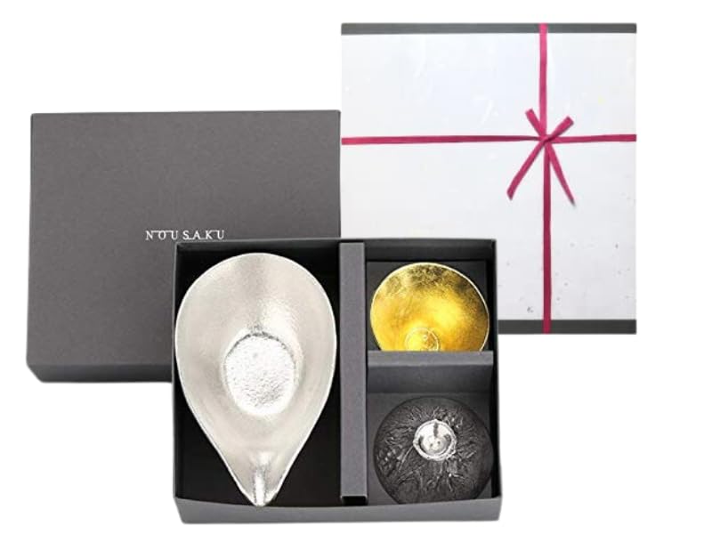 Washi Paper Large Sake Pitcher Fuji FUJIYAMA [Nousaku Wrapping] + Mt. - Tin/Gold KD1=FUJI Gold/Silver
