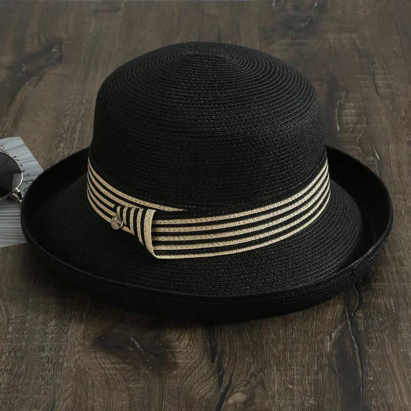 WTEMPO Elegant Casual Foldable Summer Straw Hats Women's Striped Wide Brim Solid Color Outdoor Sunscreen Hats
