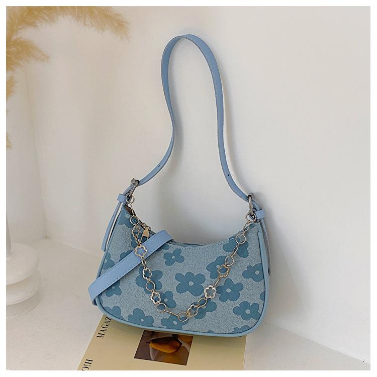 

Жаккардовая ткань летняя маленькая сумка женская 2025 новая повседневная сумка-подмышка женская цепочка на одно плечо багет женская сумка синий