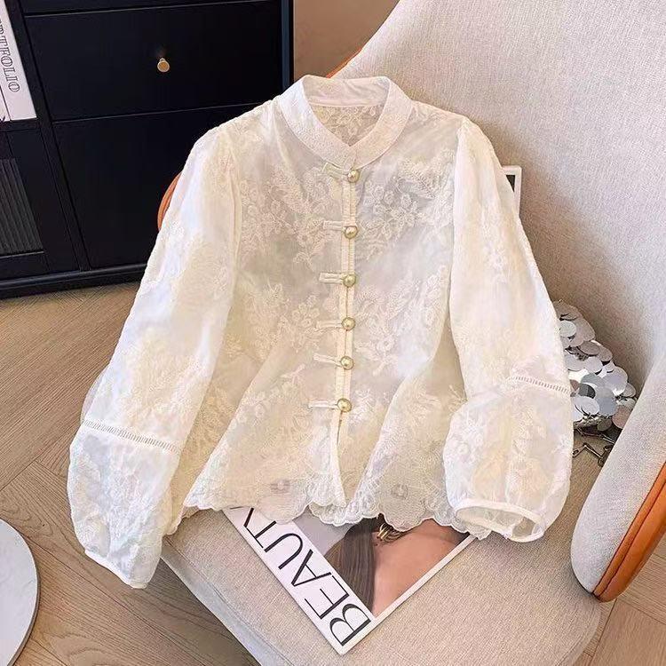 

Elegant Lace Hollow Out Top - Women s High-End Chinese Style Blouse with Stomach Coverage XL (for 77-83 kg) брудно-білий