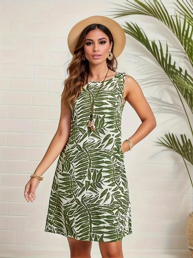 Summer Simple Geometric Floral 3D Print Sleeveless Vest Dress Spring And Summer Vacation Style Dress For Women