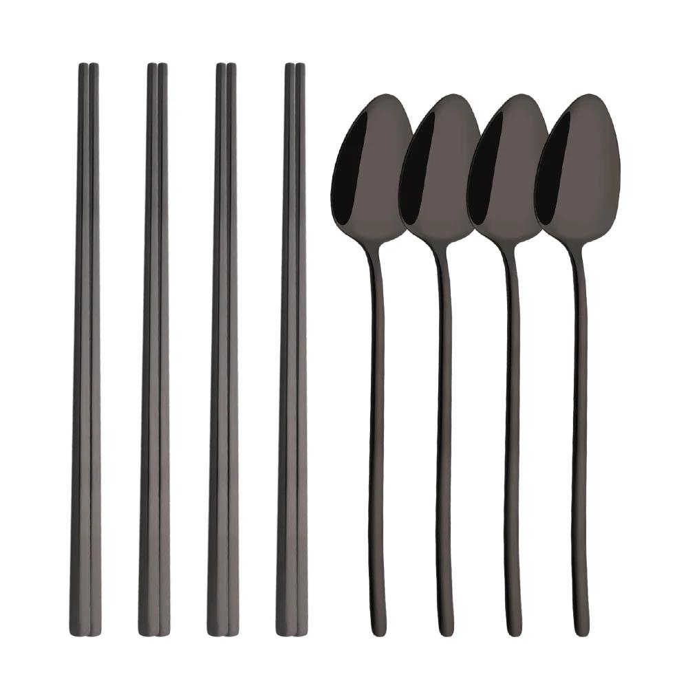 Set Tacâmuri Coreean 8 Piese Oțel Inoxidabil de Înaltă Calitate Set Cină Negru Auriu Tacâmuri de Lux Lingură Bețișoare Set de Tacâmuri