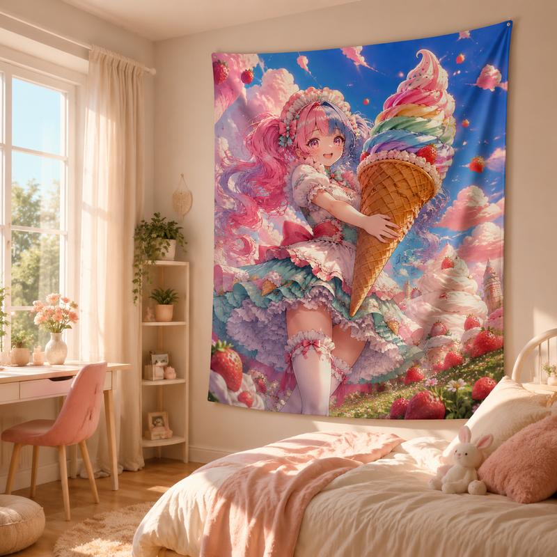 Sweet Candy Land Anime Tapestry, Soft Wall Hanging with Pink-Haired Maid, Anime-Style Home Decor