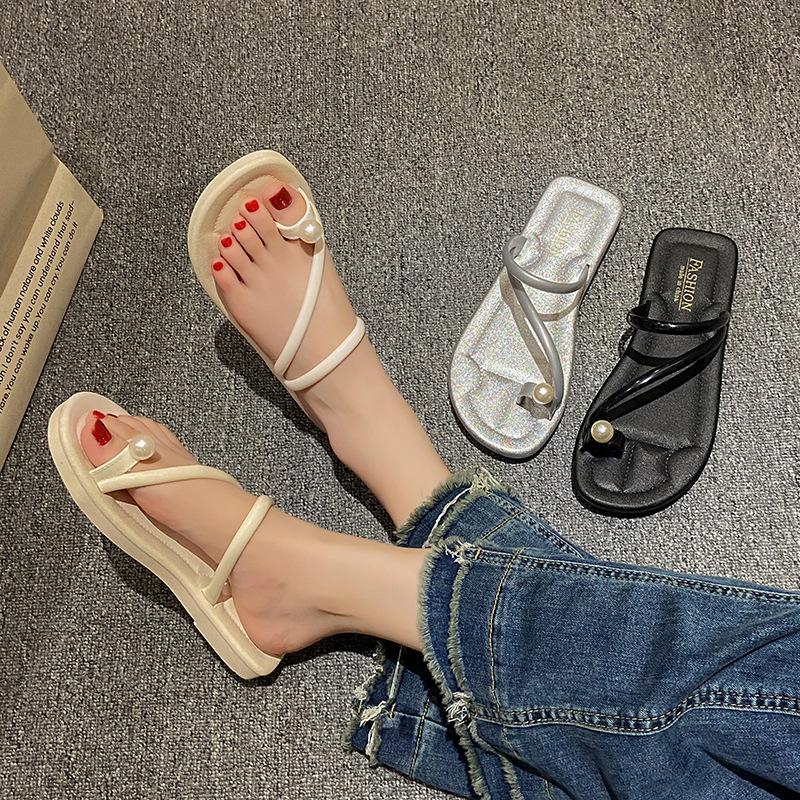 New toe slippers women wear half slippers summer pearl fairy wind vacation flat beach shoes sandals