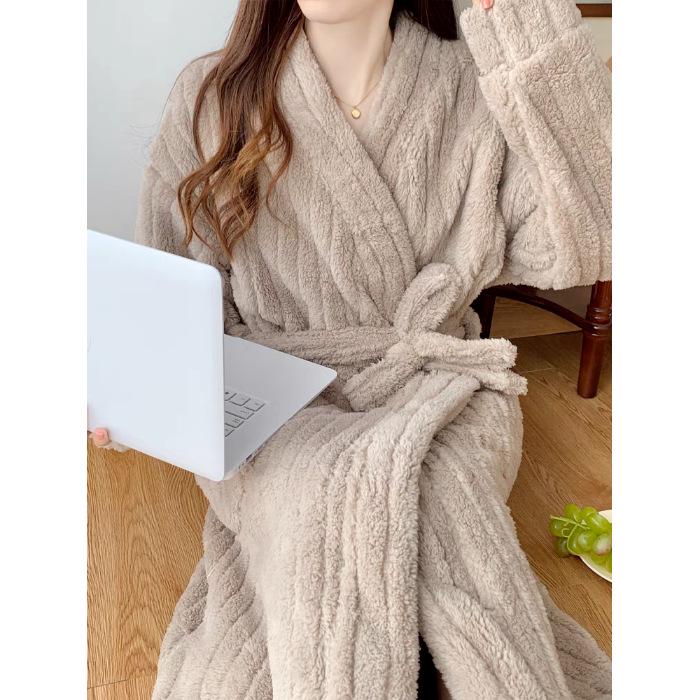 Women's 2025 Autumn/Winter Plush Pajama Set: Vertical Stripe Robe & Lined Nightgown