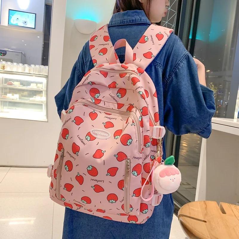 Cute Strawberry Print Girls' Schoolbag with Wide Shoulder Straps Spine Protection Lightweight Campus Backpack