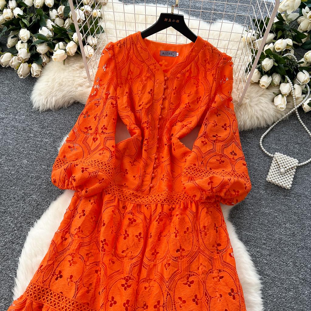 Frühling Sommer Frauen V-Ausschnitt Laterne Ärmel Stickerei Spitze lange Maxi Partykleider