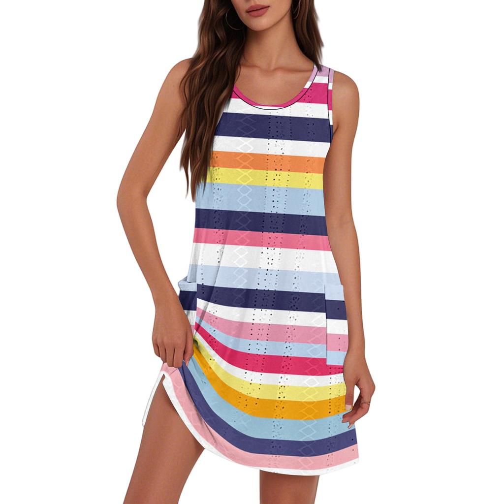Women's Fashion Casual V-Neck Sleeveless Striped Print Dress