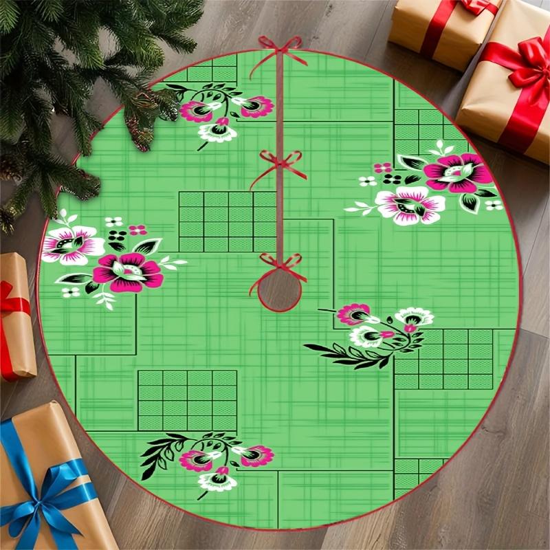 2D Flat, 2D Flat, 1pc, Christmas Tree Skirt with Multi-Group Floral And Checkered Patterns on Green Background, 2D Flat Printing, Suitable for Christm