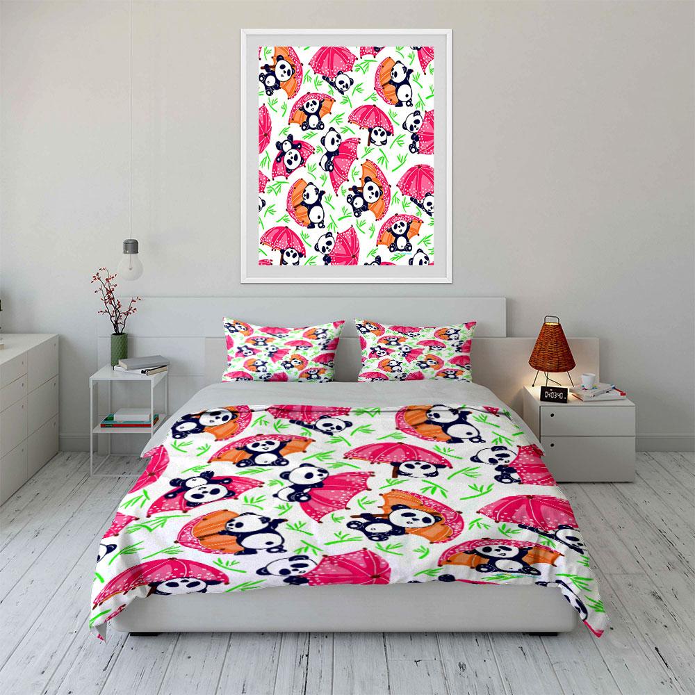 Cute Panda with Colorful Umbrellas Bedding Duvet Cover Set Duvet Cover Pillowcases (1*Duvet Cover 2*Pillowcases, without duvet insert)