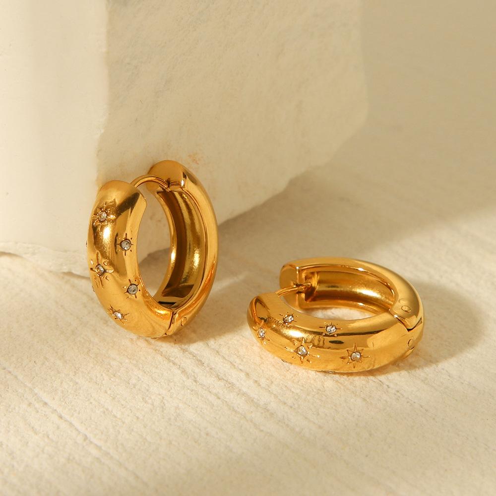 Stainless Steel 18K Gold Earrings for Women, Ins Fashion Versatile Diamond-studded Earrings, Titanium Steel Hoop Earrings