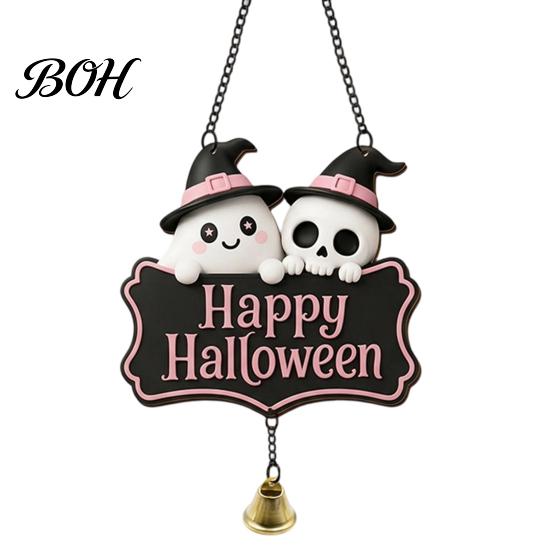 Cute Ghost Wall Decor Halloween Witch Hat Door Sign, Wooden Hanging Decoration, Rustic Farmhouse Sign Doorbell Pendants for Indoor Outdoor Home