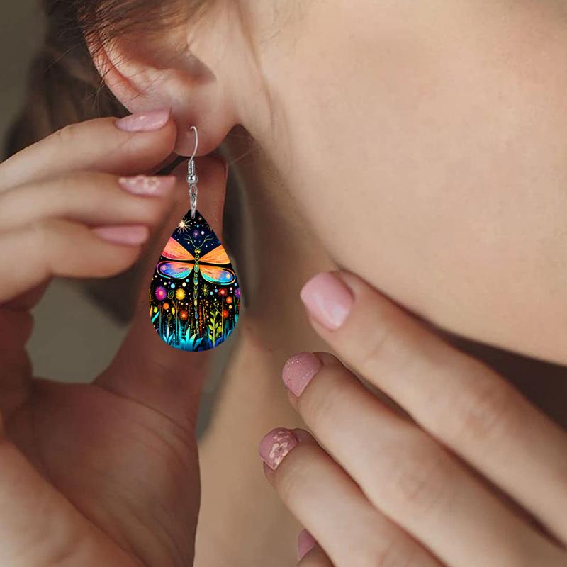 Starry Sky Flower Dragonfly Artificial Leather Earrings Spring Earrings Double-sided Printing Lightweight Earrings Teardrop Earrings