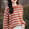 Women 100% Cotton Sweater Autumn Winter Curled O-Neck Pullover Long Sleeve Bottoming Colorful Stripes Knitwear Loose Clothing