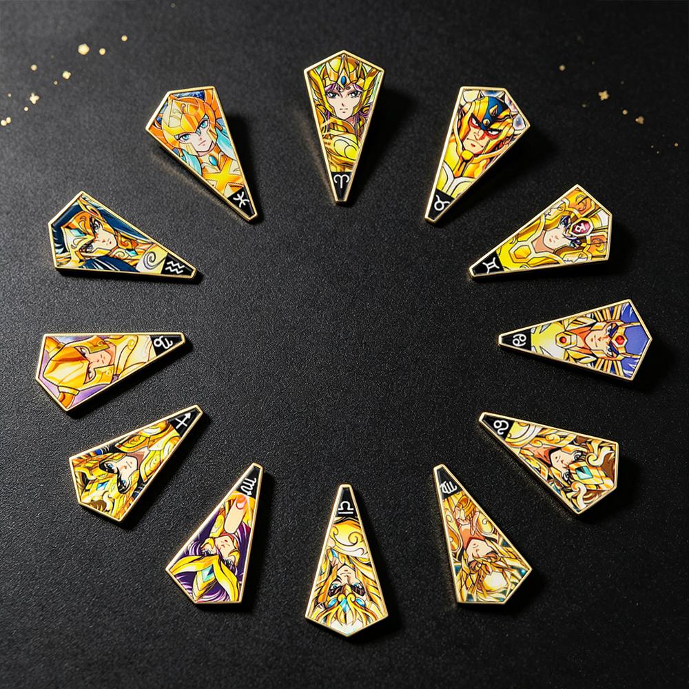 12 Golden Saint Seiya Zodiac Pins Set, Anime Twelve Gold Saints Enamel Brooches, Constellation Lapel Badges Collectible Gift