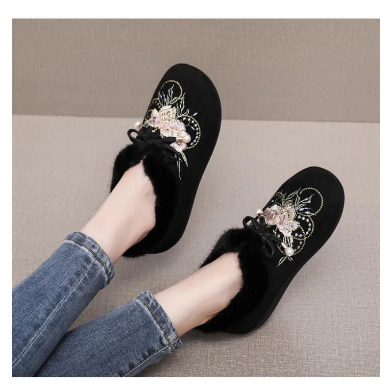 Womens Embroidered Fleece Lined Warm Ethnic Style Casual Flat Cloth Shoes