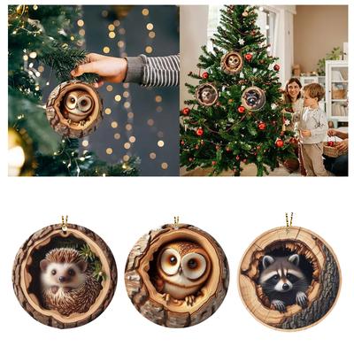 Owl Christmas Ornaments 2d Flat Printed Acrylic Raccoon And Hedgehog Hanging Decorations Chandelier Parts Metal Cups