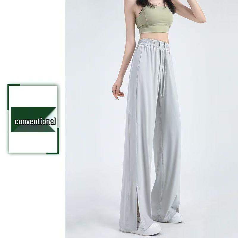 Plus Size Women's High-Waisted Wide-Leg Ice Silk Summer Pants with Split Drape and Sun Protection.