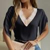 Women Elegant Youth Office Lady Shirt 2023 Spring Fashion Lace V Neck Chiffon Blouse Half Short Sleeve Summer Top 25837