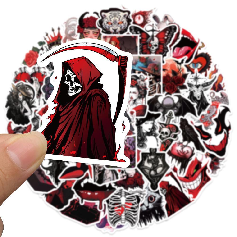 50 Horror Gothic Demon Stickers In Dark Red and Black Punk Style for Halloween Party Decoration.