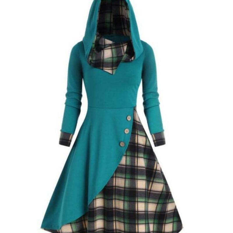 Damen Karo Patchwork Kapuzen-Stehkragen Langarm Midi A-Linien Kleid