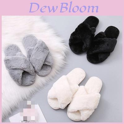 Stylish Ladies Fur Fluffy Slippers Cross Furry Summer Mules Shoes In Black