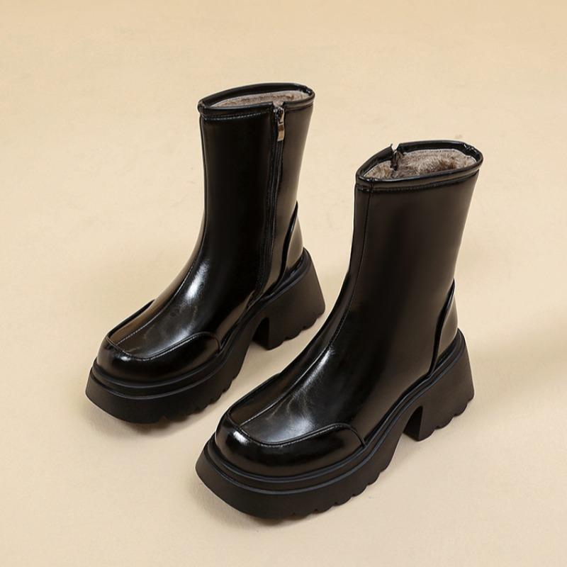 Platform Ankle Snow Boots Women High Heels Plush Leather Shoes Winter Warm Casual Shoes 2025 Trend Goth Chelsea Cozy Botas Mujer